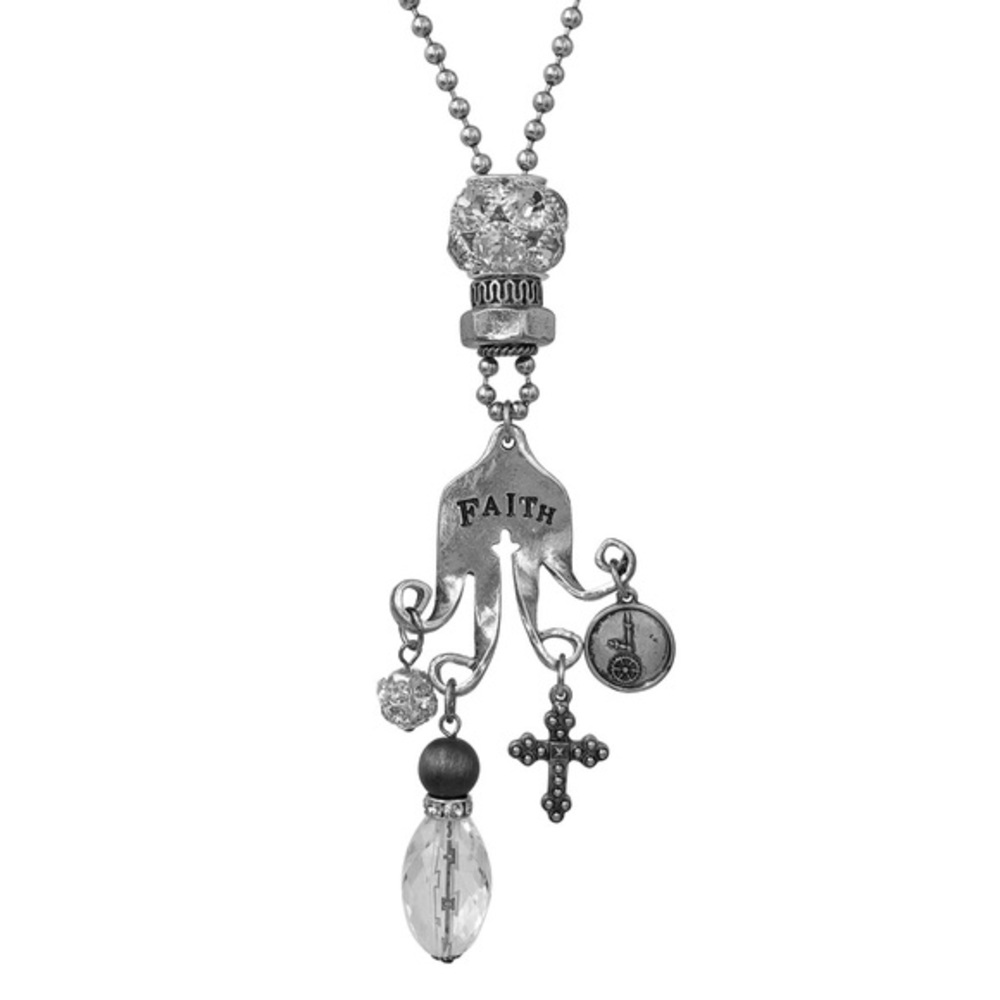 FAITH Bent Fork Cross Charm Long Silver Necklace